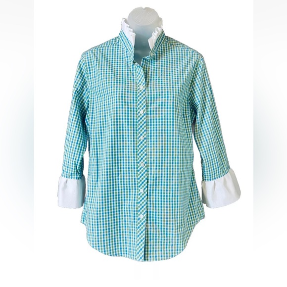 Pearly Vine Button Down Check Women's Blouse Top White Ruffle Ribbon Trim Size S - Picture 12 of 12